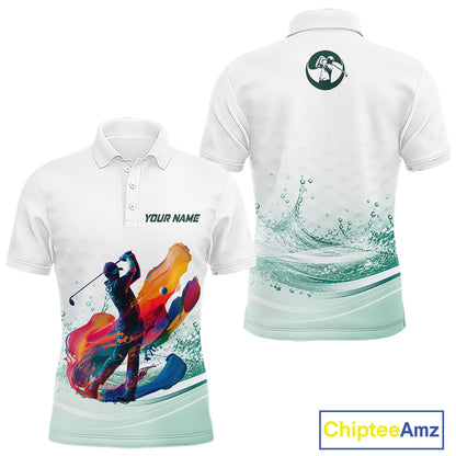 Mens Golf Polo Shirt Watercolor Custom Name White Golf Shirt, Golf Outfits NBT714