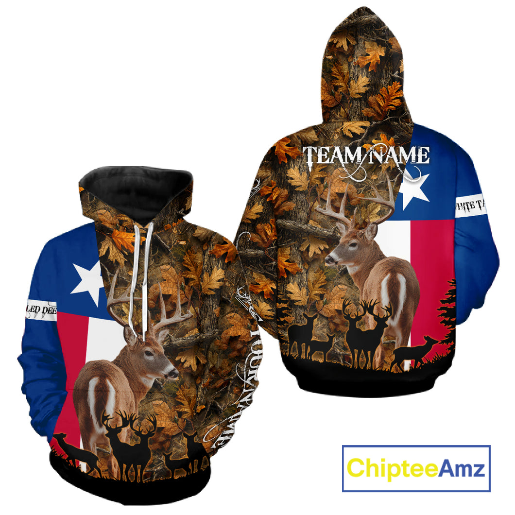 Texas Flag Fall Camo Whitetail Deer Hunting Hoodie, Longsleeve Shirt - Personalized Name Option NBT12