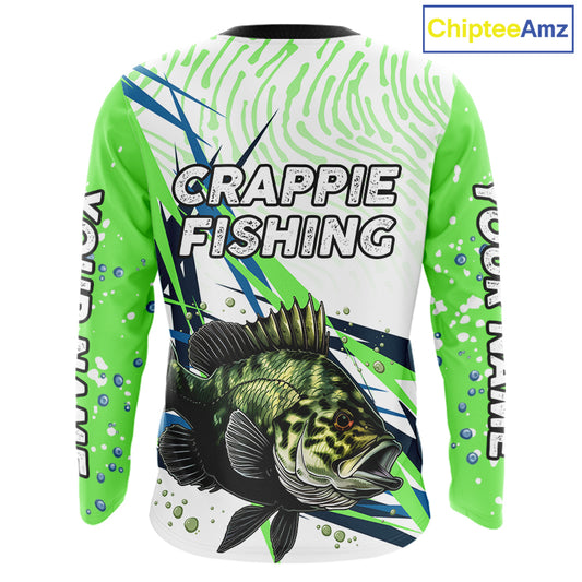 Custom Crappie Long Sleeve Fishing Shirts Green Custom Name, Tournament Fishing Shirts NBT364