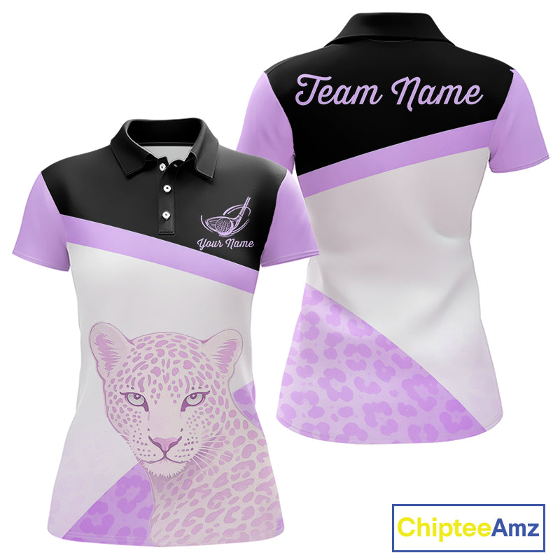 Leopard Womens Golf Polo Shirt Custom Purple Leopard Pattern Team Golf Tops, Golf Gifts NBT589