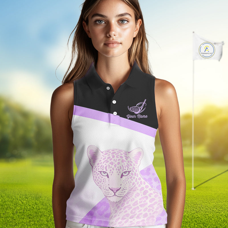 Leopard Womens Sleeveless Golf Polo Shirt Custom Purple Leopard Pattern Team Golf Tops, Golf Gifts NBT589