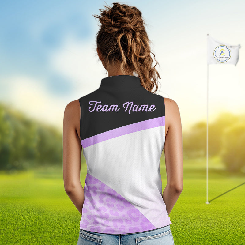 Leopard Womens Sleeveless Golf Polo Shirt Custom Purple Leopard Pattern Team Golf Tops, Golf Gifts NBT589