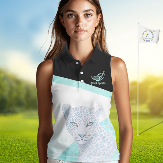Leopard Womens Sleeveless Golf Polo Shirt Custom Teal Leopard Pattern Team Golf Tops, Golf Gifts NBT590