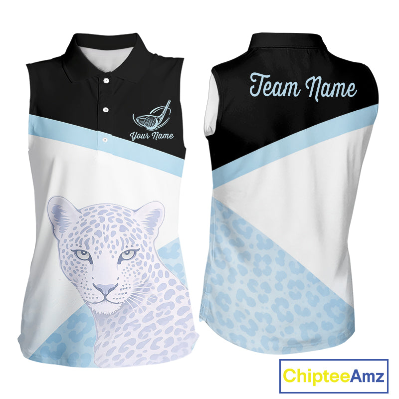 Leopard Womens Sleeveless Golf Polo Shirt Custom Blue Leopard Pattern Team Golf Tops, Golf Gifts NBT591
