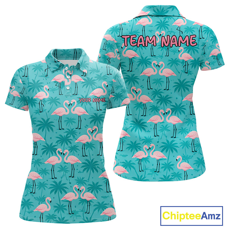 Womens Golf Polo Shirt Pink Flamingo Tropical Leaves Pattern Custom Team Flamingo Golf Polo Shirts NBT592