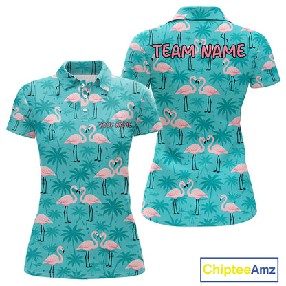 Womens Golf Polo Shirt Pink Flamingo Tropical Leaves Pattern Custom Team Flamingo Golf Polo Shirts NBT592