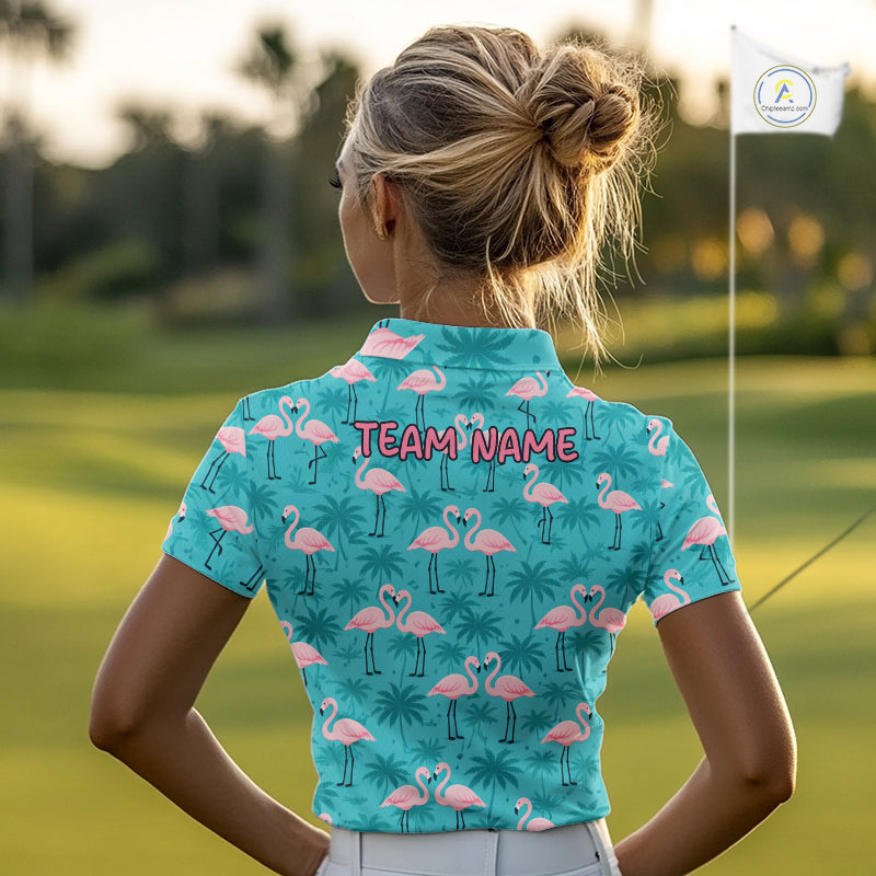Womens Golf Polo Shirt Pink Flamingo Tropical Leaves Pattern Custom Team Flamingo Golf Polo Shirts NBT592