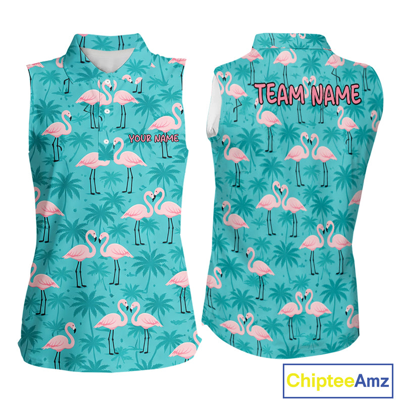Womens Sleeveless Golf Polo Shirt Pink Flamingo Tropical Leaves Pattern Custom Team Flamingo Golf Polo Shirts NBT592