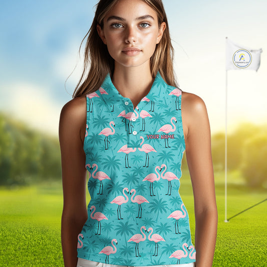 Womens Sleeveless Golf Polo Shirt Pink Flamingo Tropical Leaves Pattern Custom Team Flamingo Golf Polo Shirts NBT592