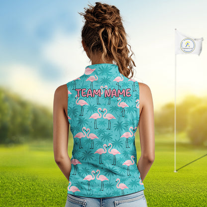 Womens Sleeveless Golf Polo Shirt Pink Flamingo Tropical Leaves Pattern Custom Team Flamingo Golf Polo Shirts NBT592