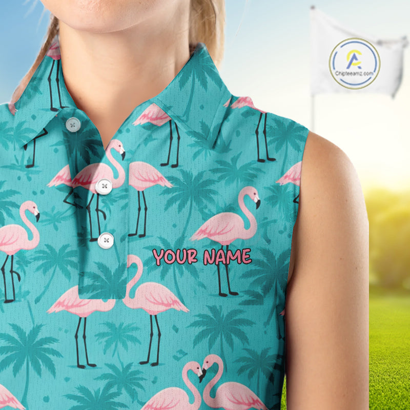 Womens Sleeveless Golf Polo Shirt Pink Flamingo Tropical Leaves Pattern Custom Team Flamingo Golf Polo Shirts NBT592