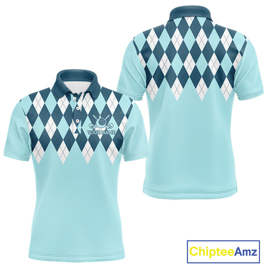 Blue Argyle Plaid Pattern Mens Golf Polo Shirt Custom Golf Polo Shirt For Men, Golfing Gifts NBT593