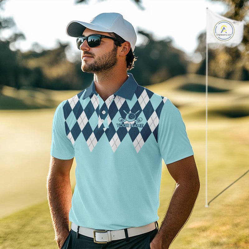 Blue Argyle Plaid Pattern Mens Golf Polo Shirt Custom Golf Polo Shirt For Men, Golfing Gifts NBT593
