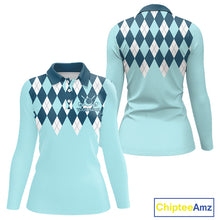 Load image into Gallery viewer, Blue Argyle Plaid Pattern Womens Golf Polo Shirt Custom Golf Polo Shirt For Ladies, Golfing Gifts NBT593
