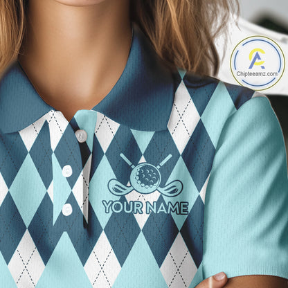 Blue Argyle Plaid Pattern Womens Golf Polo Shirt Custom Golf Polo Shirt For Ladies, Golfing Gifts NBT593