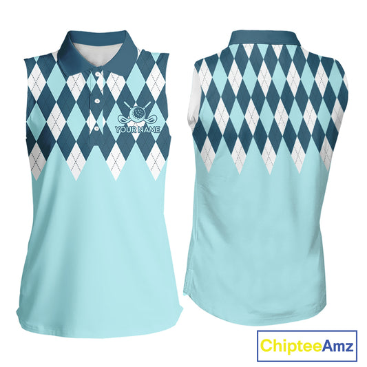 Blue Argyle Plaid Pattern Womens Sleeveless Golf Polo Shirt Custom Golf Polo Shirt For Ladies, Golfing Gifts NBT593