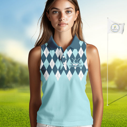 Blue Argyle Plaid Pattern Womens Sleeveless Golf Polo Shirt Custom Golf Polo Shirt For Ladies, Golfing Gifts NBT593