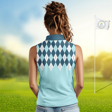 Load image into Gallery viewer, Blue Argyle Plaid Pattern Womens Sleeveless Golf Polo Shirt Custom Golf Polo Shirt For Ladies, Golfing Gifts NBT593
