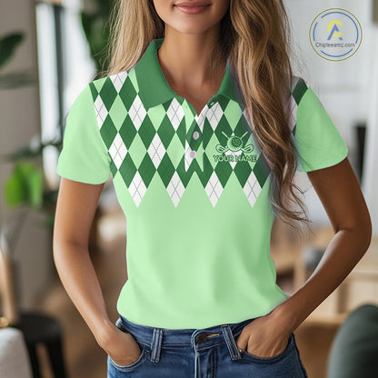 Green Argyle Plaid Pattern Womens Golf Polo Shirt Custom Golf Polo Shirt For Ladies, Golfing Gifts NBT594
