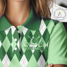 Load image into Gallery viewer, Green Argyle Plaid Pattern Womens Golf Polo Shirt Custom Golf Polo Shirt For Ladies, Golfing Gifts NBT594