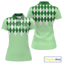 Load image into Gallery viewer, Green Argyle Plaid Pattern Womens Golf Polo Shirt Custom Golf Polo Shirt For Ladies, Golfing Gifts NBT594