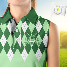 Load image into Gallery viewer, Green Argyle Plaid Pattern Womens Golf Polo Shirt Custom Golf Polo Shirt For Ladies, Golfing Gifts NBT594