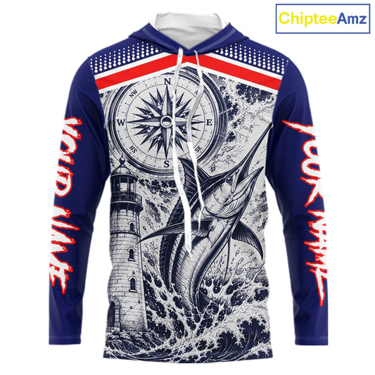Front view of personalized Marlin blue long sleeve hooded performance fishing shirt with compass design