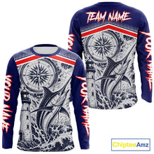 Load image into Gallery viewer, Front and Back view of personalized Marlin blue long sleeve performance fishing shirt for tournaments