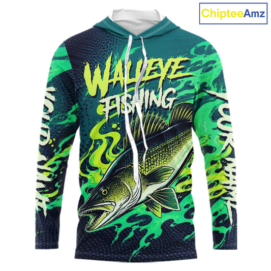 Front view of custom Walleye fishing green camo long sleeve hooded fishing shirt with personalized name