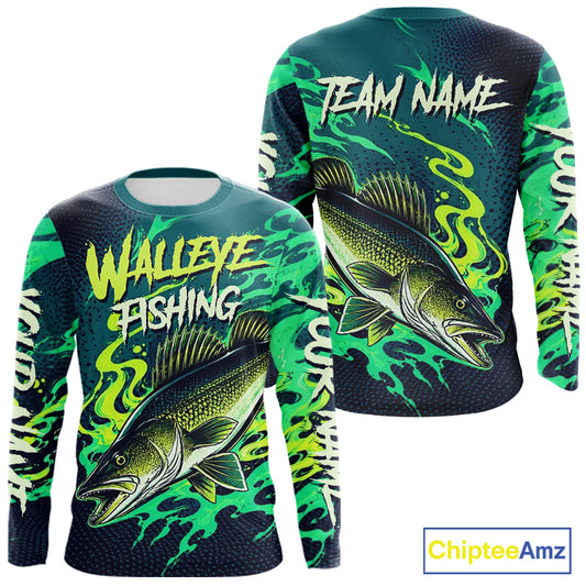 Font and back view of custom Walleye fishing green camo long sleeve fishing jersey for teams