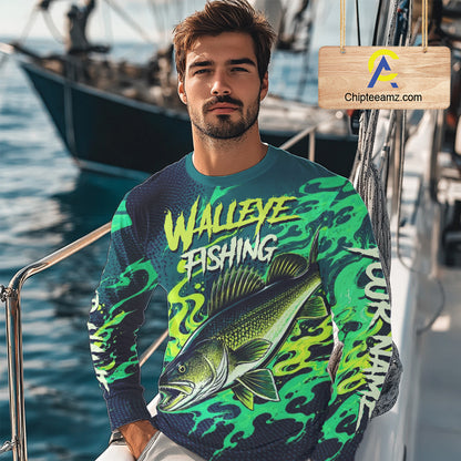 Angler wearing custom Walleye fishing green camo long sleeve shirt on the boat