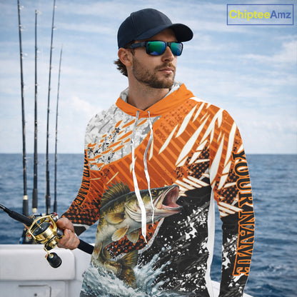 Walleye Fishing Shirt Long Sleeve Hooded Orange Camo, Persionalized Walleye Fishing Jerseys NBT406