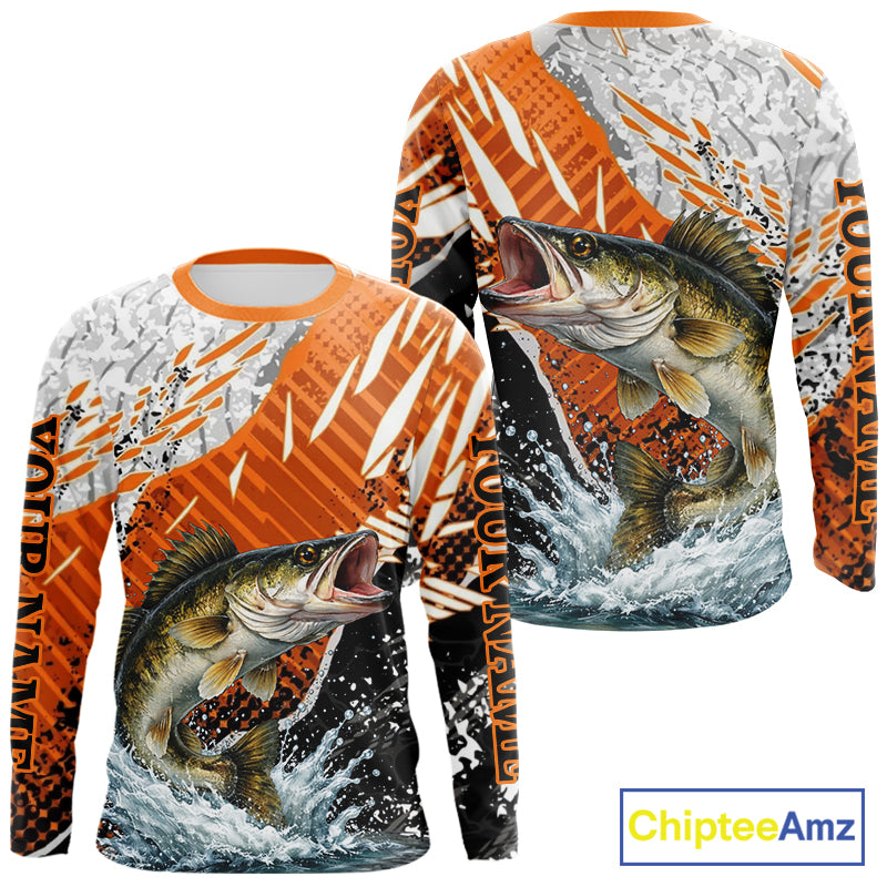 Walleye Fishing Shirts Long Sleeve Orange Camo, Personalized Walleye Fishing Jerseys NBT406