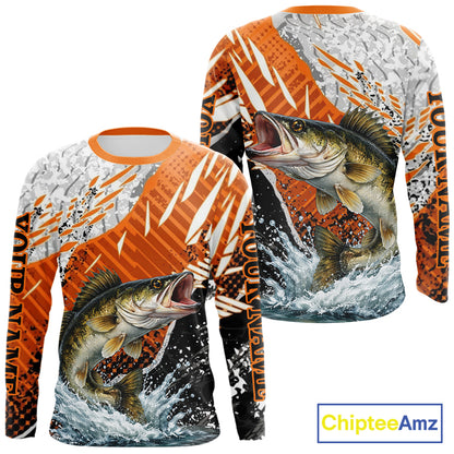 Walleye Fishing Shirts Long Sleeve Orange Camo, Personalized Walleye Fishing Jerseys NBT406