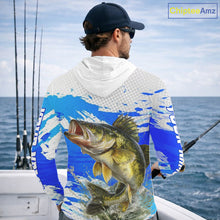 Load image into Gallery viewer, Blue Camo Walleye Fishing Shirt Long Sleeve Hooded, Walleye Fishing Jerseys NBT407