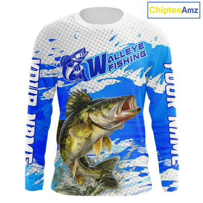 Blue Camo Walleye Fishing Shirts Long Sleeve, Walleye Fishing Jerseys NBT407