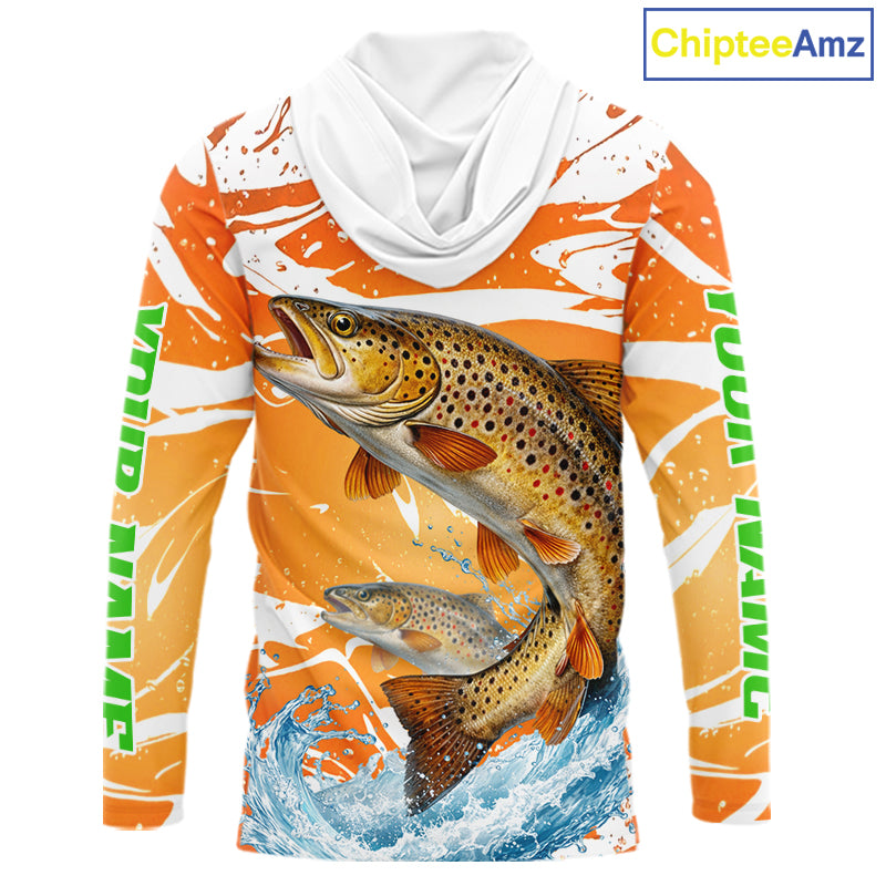 Big Brown Trout Fishing Shirt Long Sleeve Hooded Orange Camo Custom Name, Tournament Fishing Jerseys NBT410
