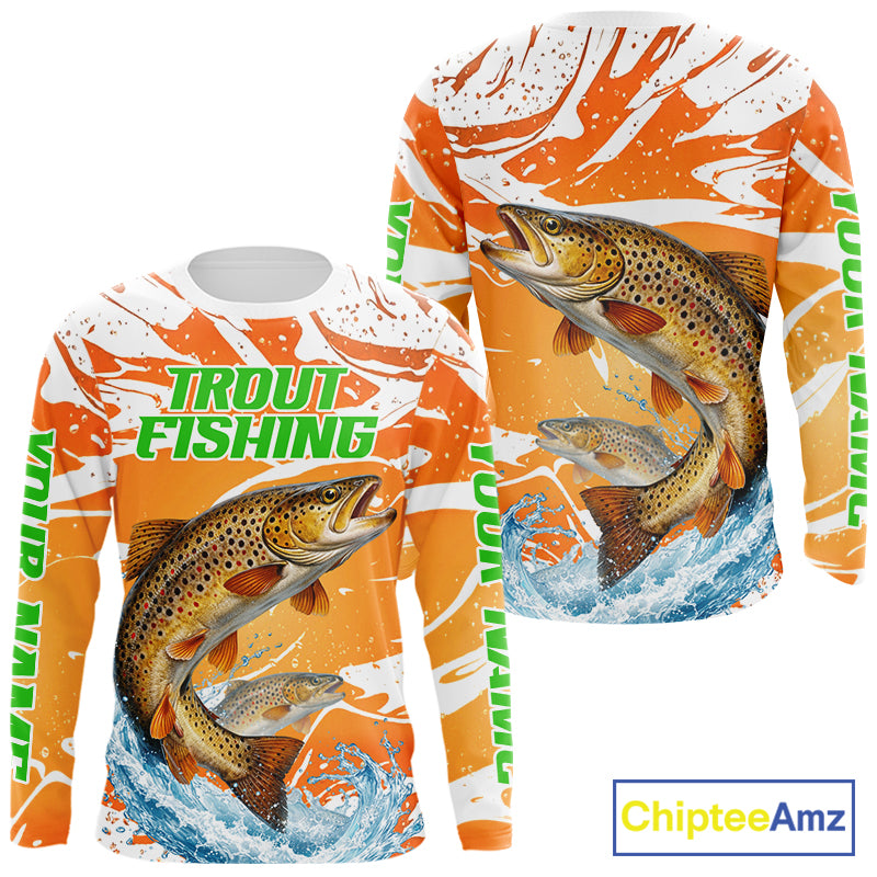 Big Brown Trout Fishing Shirts Long Sleeve Orange Camo Custom Name, Tournament Fishing Jerseys NBT410