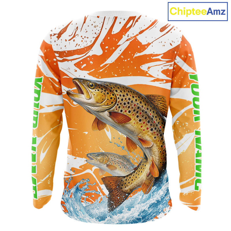 Big Brown Trout Fishing Shirts Long Sleeve Orange Camo Custom Name, Tournament Fishing Jerseys NBT410