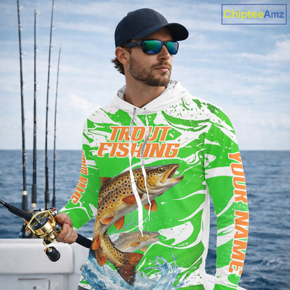 Big Brown Trout Fishing Shirt Long Sleeve Hooded Green Camo Custom Name, Tournament Fishing Jerseys NBT411