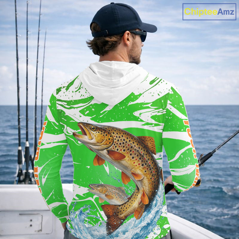 Big Brown Trout Fishing Shirt Long Sleeve Hooded Green Camo Custom Name, Tournament Fishing Jerseys NBT411