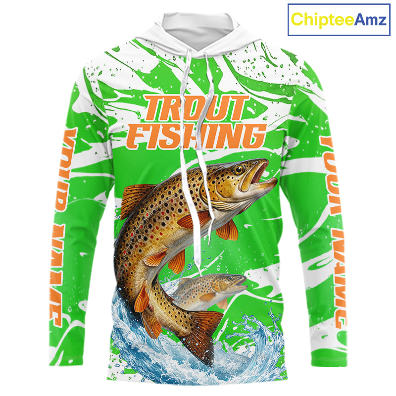 Big Brown Trout Fishing Shirt Long Sleeve Hooded Green Camo Custom Name, Tournament Fishing Jerseys NBT411
