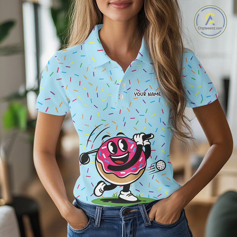 Funny Pink Donut Golf Polo Shirts For Womens, Golf Polo Shirts Custom Donut Pattern, Funny Golf Shirts NBT607