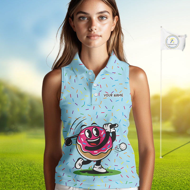 Funny Pink Donut Sleeveless Golf Polo Shirts For Womens, Golf Polo Shirts Custom Donut Pattern, Funny Golf Shirts NBT607
