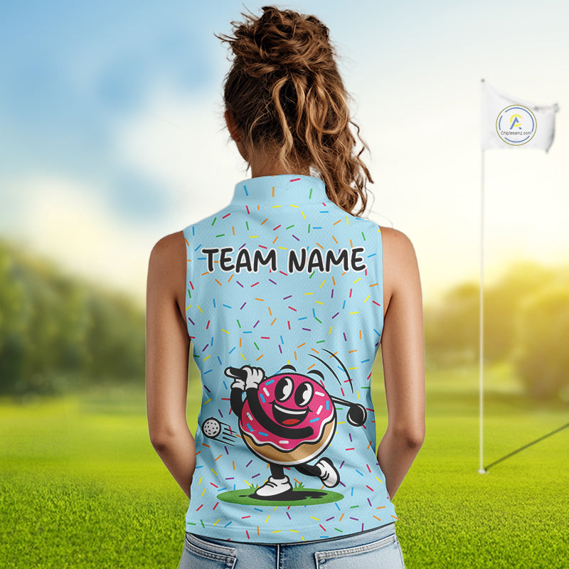 Funny Pink Donut Sleeveless Golf Polo Shirts For Womens, Golf Polo Shirts Custom Donut Pattern, Funny Golf Shirts NBT607