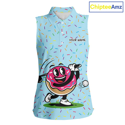 Funny Pink Donut Sleeveless Golf Polo Shirts For Womens, Golf Polo Shirts Custom Donut Pattern, Funny Golf Shirts NBT607