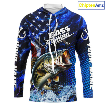 Custom American Flag Bass Long Sleeve Hooded Fishing Shirts, Patriotic Blue Flame Bass Fishing Jerseys NBT979