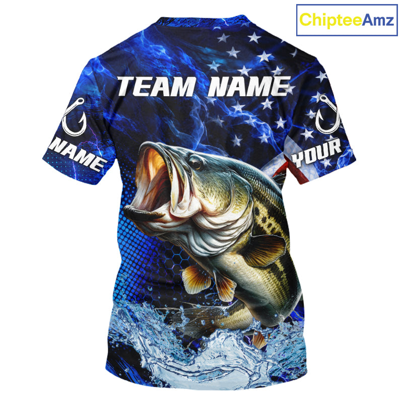 Custom American Flag Bass Fishing T-Shirts, Patriotic Blue Flame Bass Fishing Jerseys NBT979