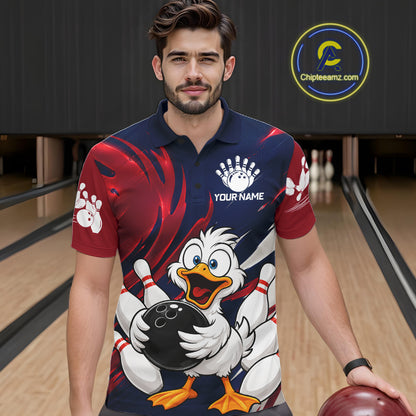 Custom Funny Red Blue Duck Mens Bowling Jersey Polo & 1/4 Quarter Zip, Duck Bowling Team Shirts NBT980