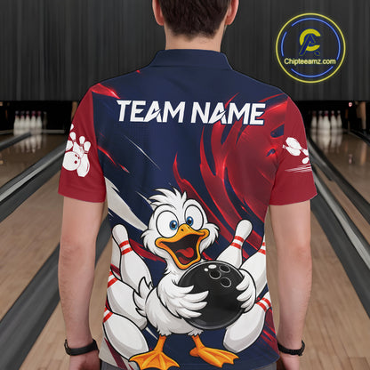 Custom Funny Red Blue Duck Mens Bowling Jersey Polo & 1/4 Quarter Zip, Duck Bowling Team Shirts NBT980